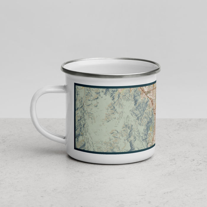 Left View Custom Palm Desert California Map Enamel Mug in Woodblock