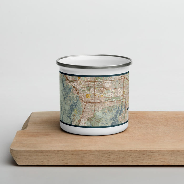 Front View Custom Palm Desert California Map Enamel Mug in Woodblock on Cutting Board