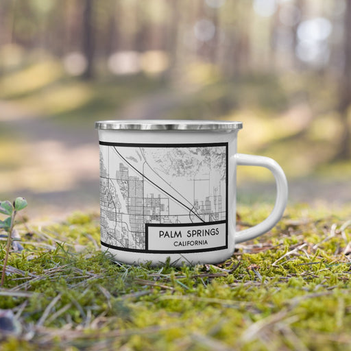Right View Custom Palm Springs California Map Enamel Mug in Classic on Grass With Trees in Background