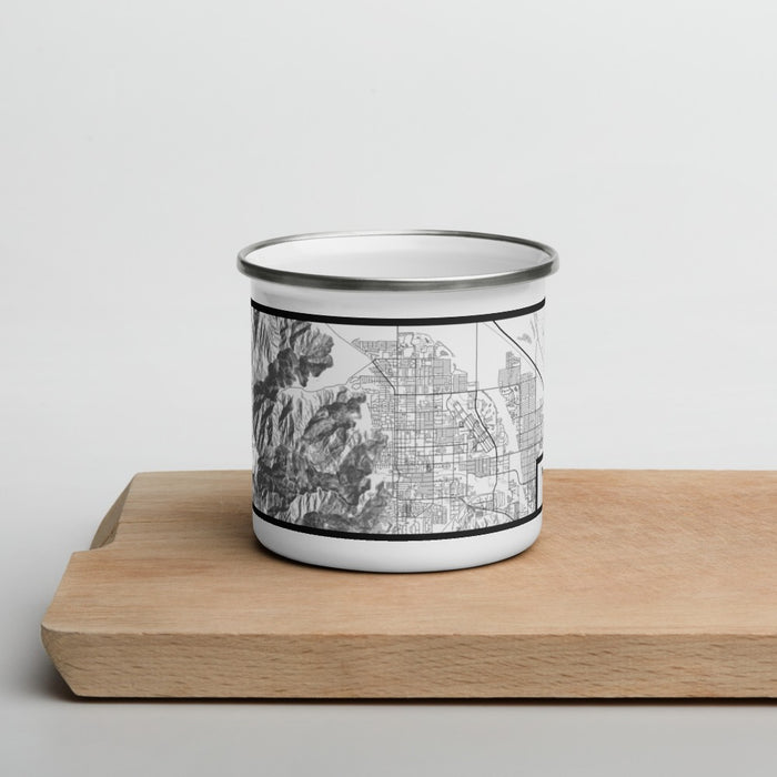 Front View Custom Palm Springs California Map Enamel Mug in Classic on Cutting Board