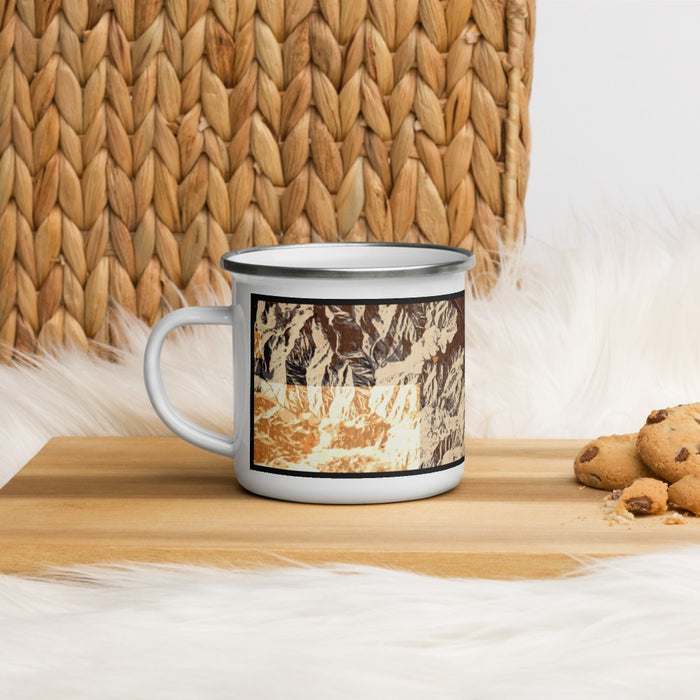 Left View Custom Palm Springs California Map Enamel Mug in Ember on Table Top