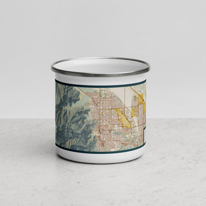 Front View Custom Palm Springs California Map Enamel Mug in Woodblock