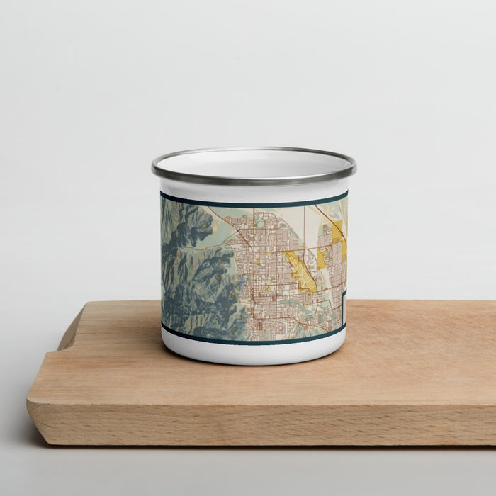Front View Custom Palm Springs California Map Enamel Mug in Woodblock on Cutting Board