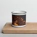 Front View Custom Palo Alto California Map Enamel Mug in Ember on Cutting Board