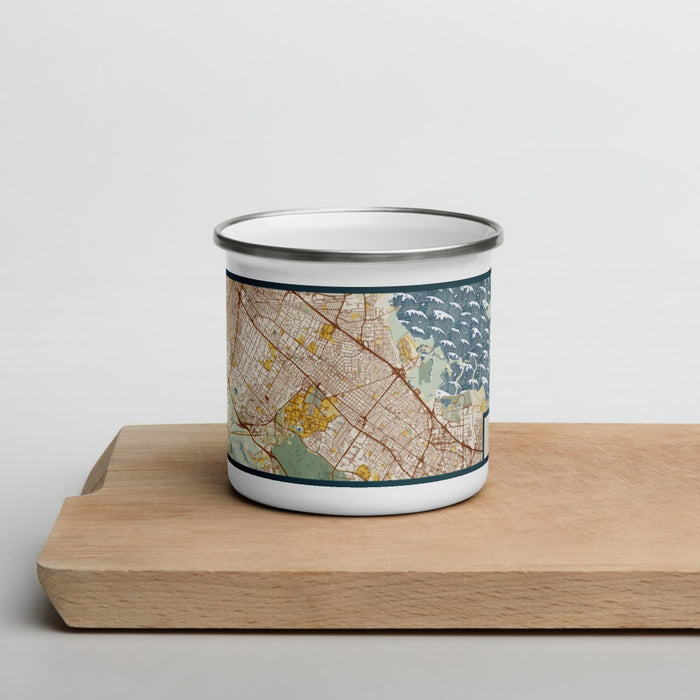 Front View Custom Palo Alto California Map Enamel Mug in Woodblock on Cutting Board