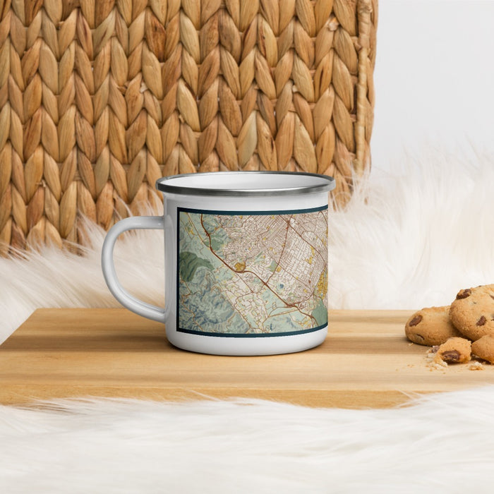 Left View Custom Palo Alto California Map Enamel Mug in Woodblock on Table Top