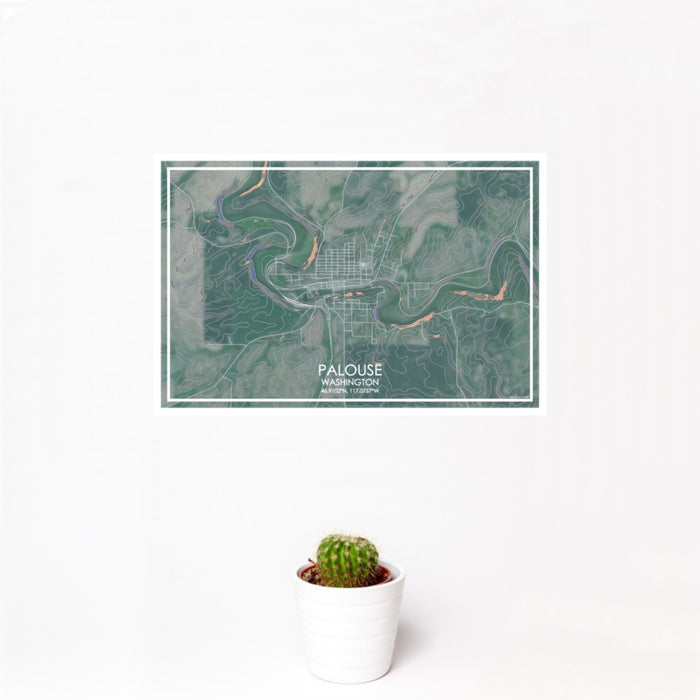 12x18 Palouse Washington Map Print Landscape Orientation in Afternoon Style With Small Cactus Plant in White Planter