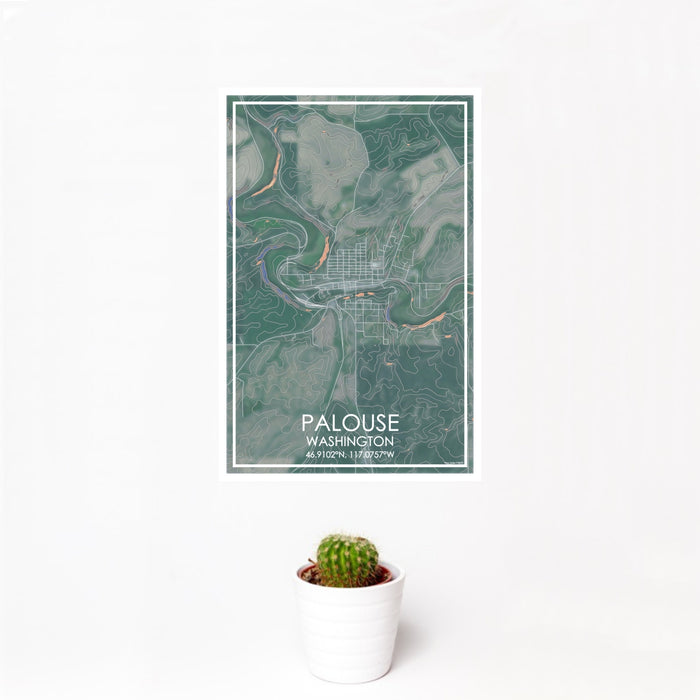 12x18 Palouse Washington Map Print Portrait Orientation in Afternoon Style With Small Cactus Plant in White Planter