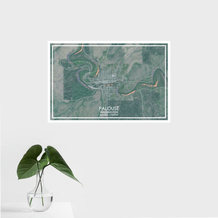 16x24 Palouse Washington Map Print Landscape Orientation in Afternoon Style With Tropical Plant Leaves in Water