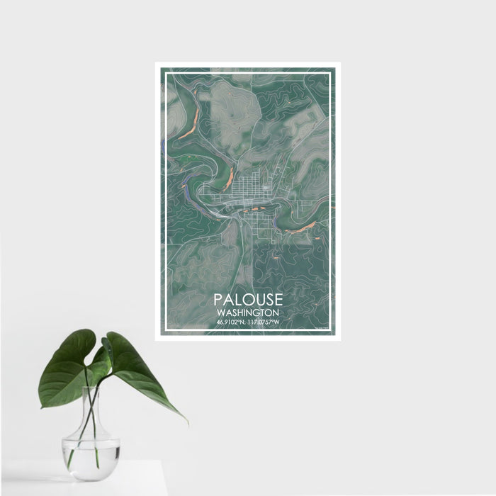 16x24 Palouse Washington Map Print Portrait Orientation in Afternoon Style With Tropical Plant Leaves in Water