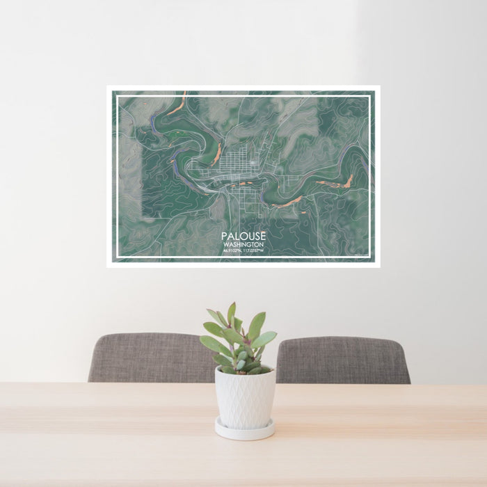 24x36 Palouse Washington Map Print Lanscape Orientation in Afternoon Style Behind 2 Chairs Table and Potted Plant