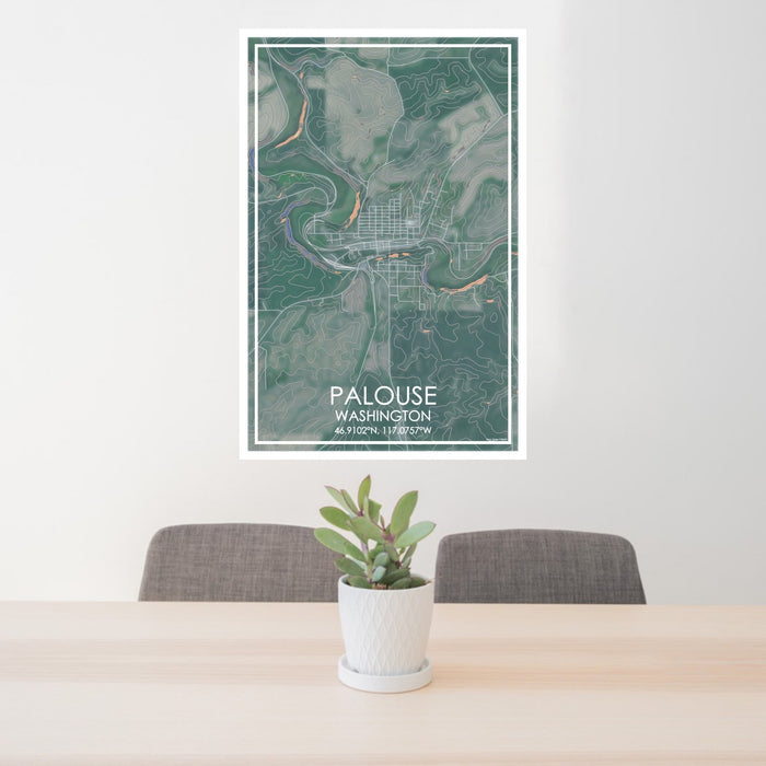 24x36 Palouse Washington Map Print Portrait Orientation in Afternoon Style Behind 2 Chairs Table and Potted Plant