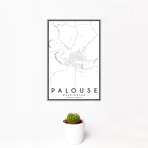 12x18 Palouse Washington Map Print Portrait Orientation in Classic Style With Small Cactus Plant in White Planter