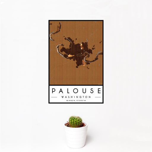 12x18 Palouse Washington Map Print Portrait Orientation in Ember Style With Small Cactus Plant in White Planter