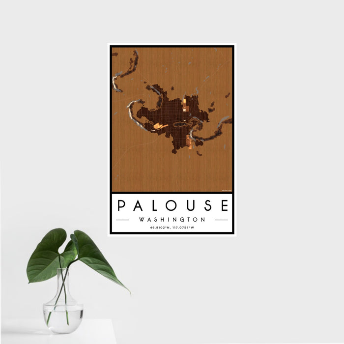 16x24 Palouse Washington Map Print Portrait Orientation in Ember Style With Tropical Plant Leaves in Water