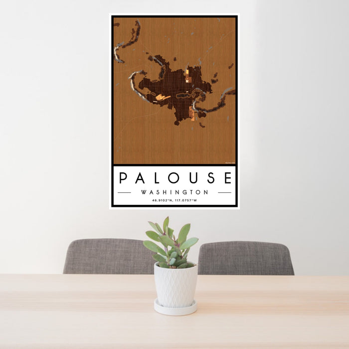 24x36 Palouse Washington Map Print Portrait Orientation in Ember Style Behind 2 Chairs Table and Potted Plant