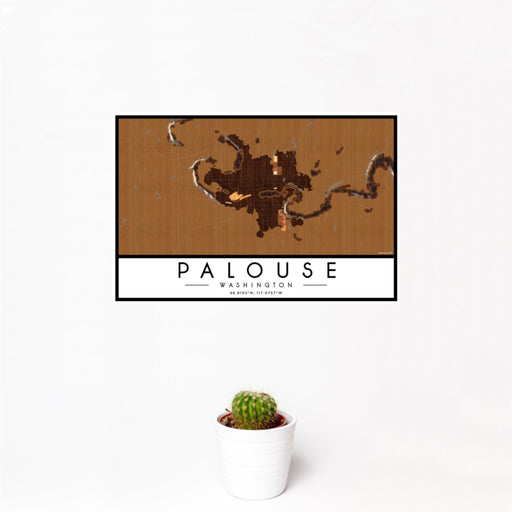 12x18 Palouse Washington Map Print Landscape Orientation in Ember Style With Small Cactus Plant in White Planter
