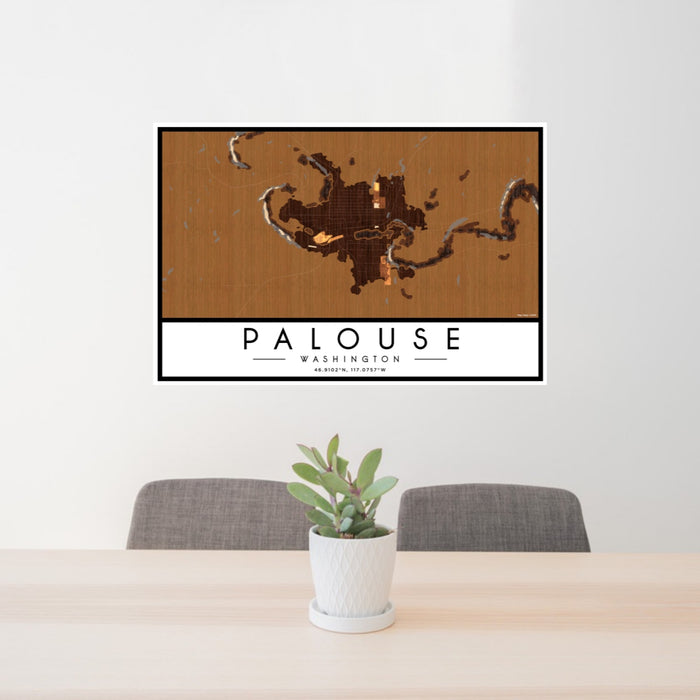 24x36 Palouse Washington Map Print Landscape Orientation in Ember Style Behind 2 Chairs Table and Potted Plant