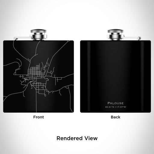Rendered View of Palouse Washington Map Engraving on 6oz Stainless Steel Flask in Black
