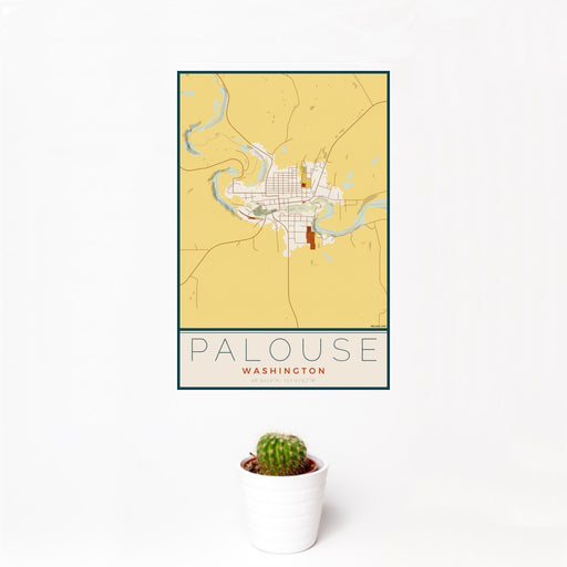 12x18 Palouse Washington Map Print Portrait Orientation in Woodblock Style With Small Cactus Plant in White Planter