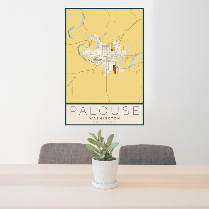 24x36 Palouse Washington Map Print Portrait Orientation in Woodblock Style Behind 2 Chairs Table and Potted Plant