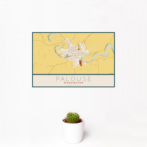 12x18 Palouse Washington Map Print Landscape Orientation in Woodblock Style With Small Cactus Plant in White Planter