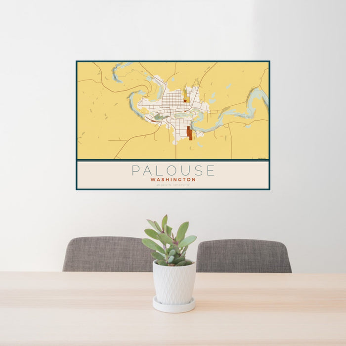 24x36 Palouse Washington Map Print Landscape Orientation in Woodblock Style Behind 2 Chairs Table and Potted Plant