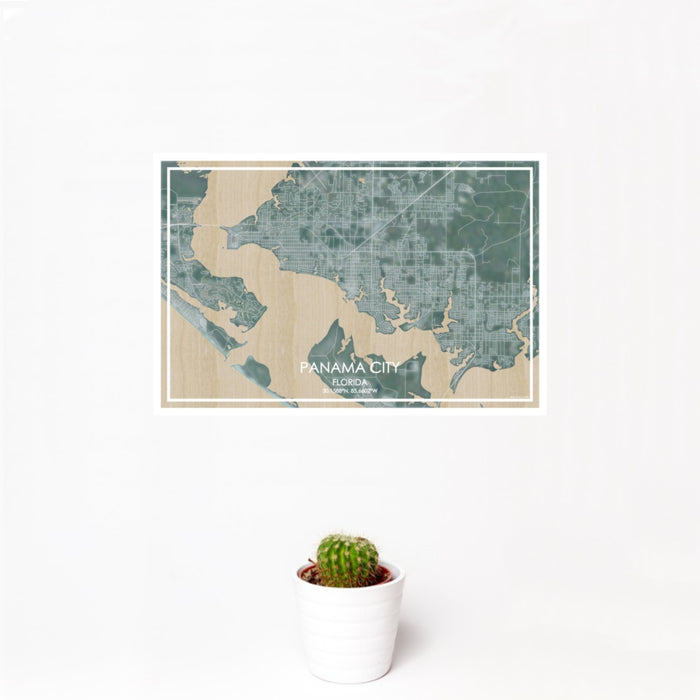 12x18 Panama City Florida Map Print Landscape Orientation in Afternoon Style With Small Cactus Plant in White Planter