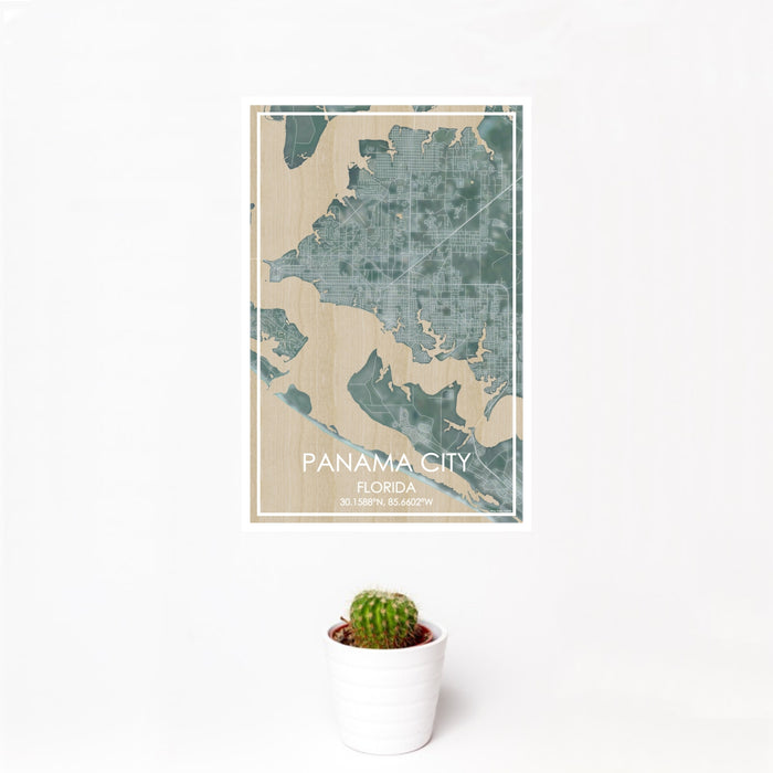 12x18 Panama City Florida Map Print Portrait Orientation in Afternoon Style With Small Cactus Plant in White Planter