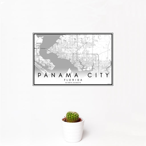12x18 Panama City Florida Map Print Landscape Orientation in Classic Style With Small Cactus Plant in White Planter
