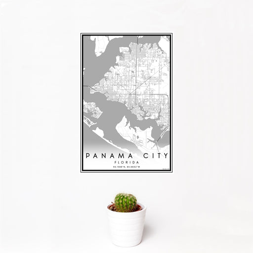 12x18 Panama City Florida Map Print Portrait Orientation in Classic Style With Small Cactus Plant in White Planter