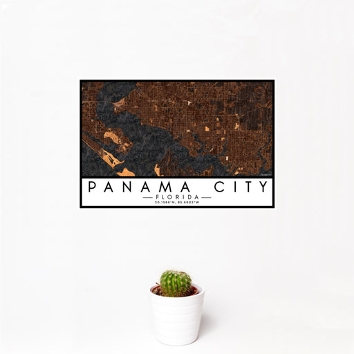 12x18 Panama City Florida Map Print Landscape Orientation in Ember Style With Small Cactus Plant in White Planter