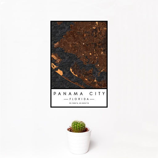 12x18 Panama City Florida Map Print Portrait Orientation in Ember Style With Small Cactus Plant in White Planter