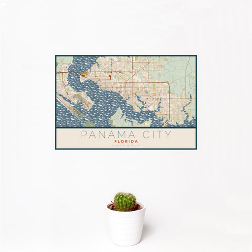 12x18 Panama City Florida Map Print Landscape Orientation in Woodblock Style With Small Cactus Plant in White Planter