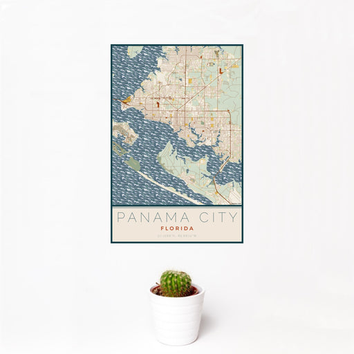 12x18 Panama City Florida Map Print Portrait Orientation in Woodblock Style With Small Cactus Plant in White Planter