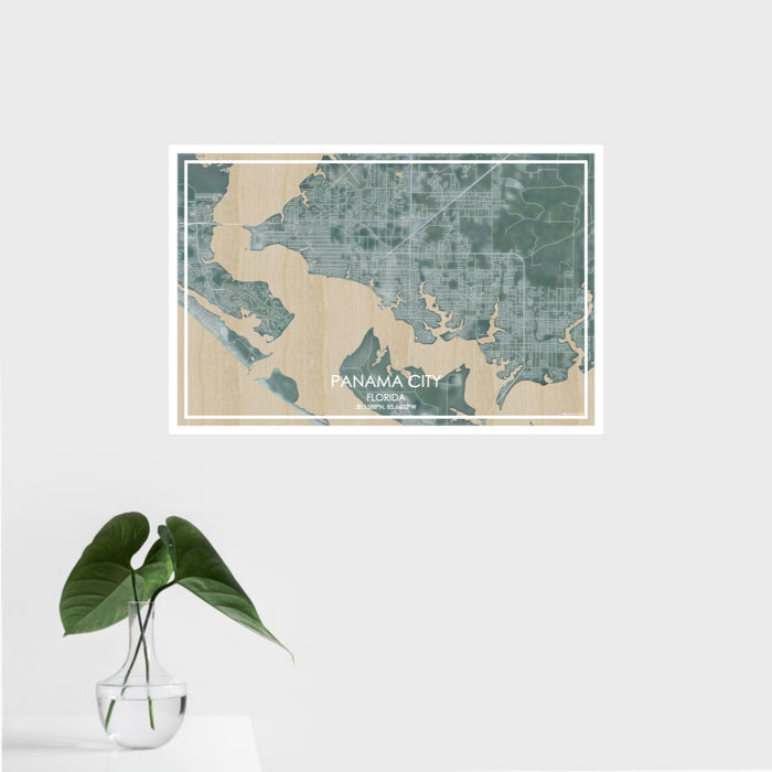16x24 Panama City Florida Map Print Landscape Orientation in Afternoon Style With Tropical Plant Leaves in Water