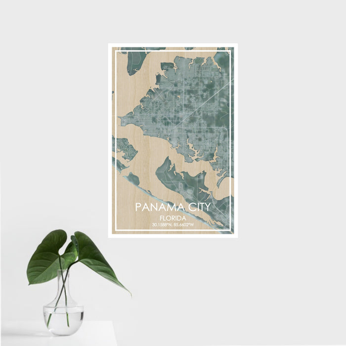 16x24 Panama City Florida Map Print Portrait Orientation in Afternoon Style With Tropical Plant Leaves in Water