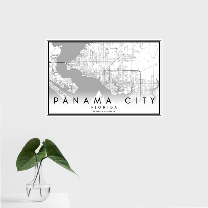 16x24 Panama City Florida Map Print Landscape Orientation in Classic Style With Tropical Plant Leaves in Water