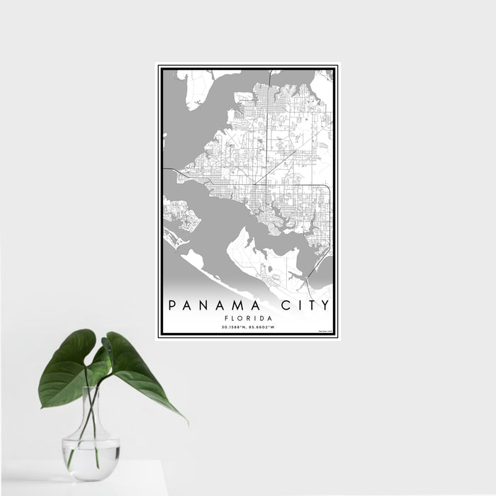 16x24 Panama City Florida Map Print Portrait Orientation in Classic Style With Tropical Plant Leaves in Water