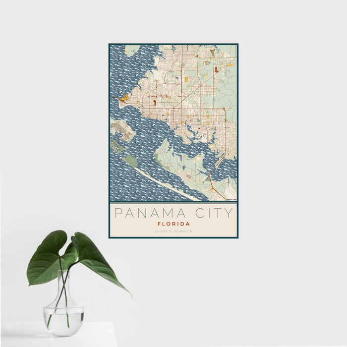 16x24 Panama City Florida Map Print Portrait Orientation in Woodblock Style With Tropical Plant Leaves in Water