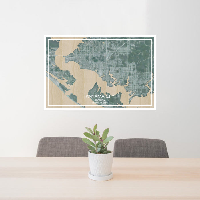 24x36 Panama City Florida Map Print Lanscape Orientation in Afternoon Style Behind 2 Chairs Table and Potted Plant