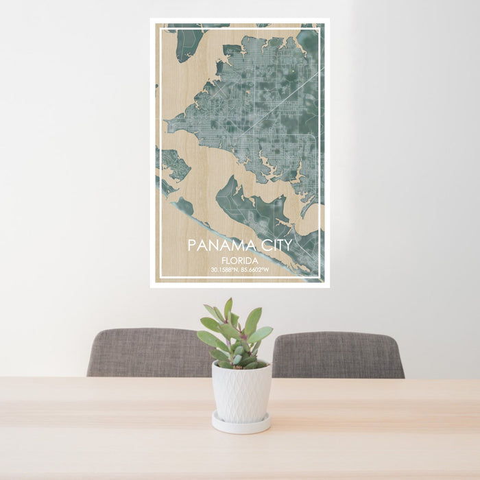 24x36 Panama City Florida Map Print Portrait Orientation in Afternoon Style Behind 2 Chairs Table and Potted Plant