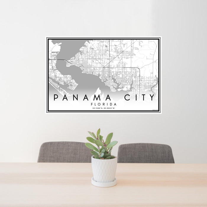 24x36 Panama City Florida Map Print Lanscape Orientation in Classic Style Behind 2 Chairs Table and Potted Plant
