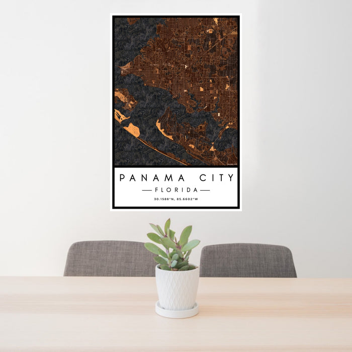 24x36 Panama City Florida Map Print Portrait Orientation in Ember Style Behind 2 Chairs Table and Potted Plant