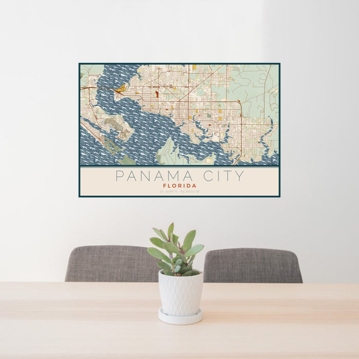 24x36 Panama City Florida Map Print Lanscape Orientation in Woodblock Style Behind 2 Chairs Table and Potted Plant