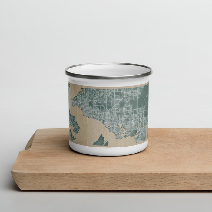 Front View Custom Panama City Florida Map Enamel Mug in Afternoon on Cutting Board