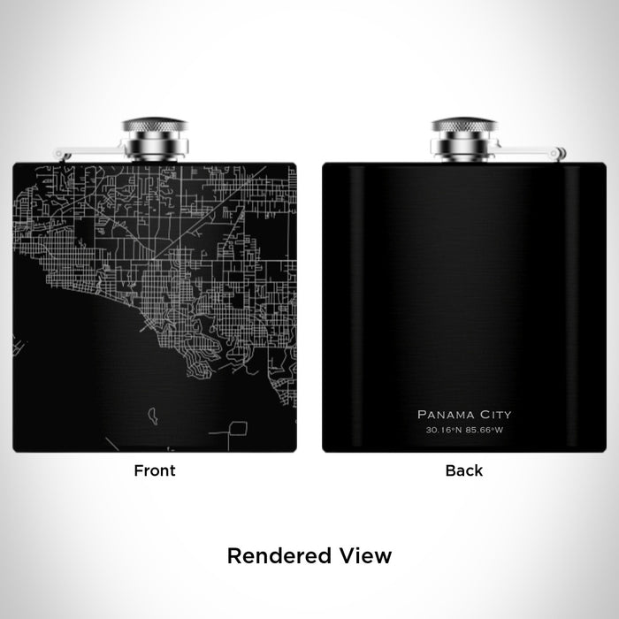 Rendered View of Panama City Florida Map Engraving on 6oz Stainless Steel Flask in Black