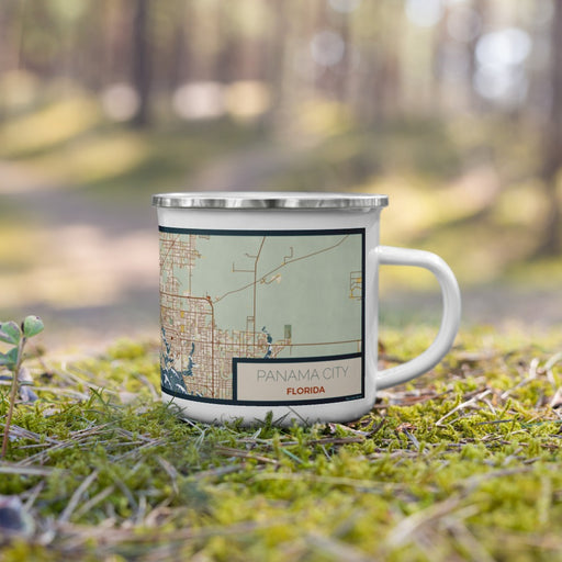 Right View Custom Panama City Florida Map Enamel Mug in Woodblock on Grass With Trees in Background