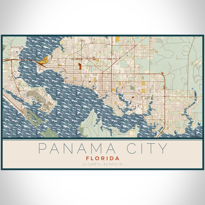 Panama City Florida Map Print Landscape Orientation in Woodblock Style With Shaded Background
