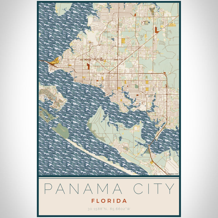 Panama City Florida Map Print Portrait Orientation in Woodblock Style With Shaded Background